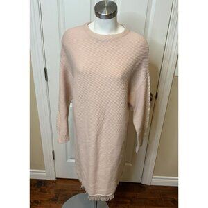 Gentle Herd Light Blush Pink Cashmere Sweater Dress Fringe Trim, Size L
